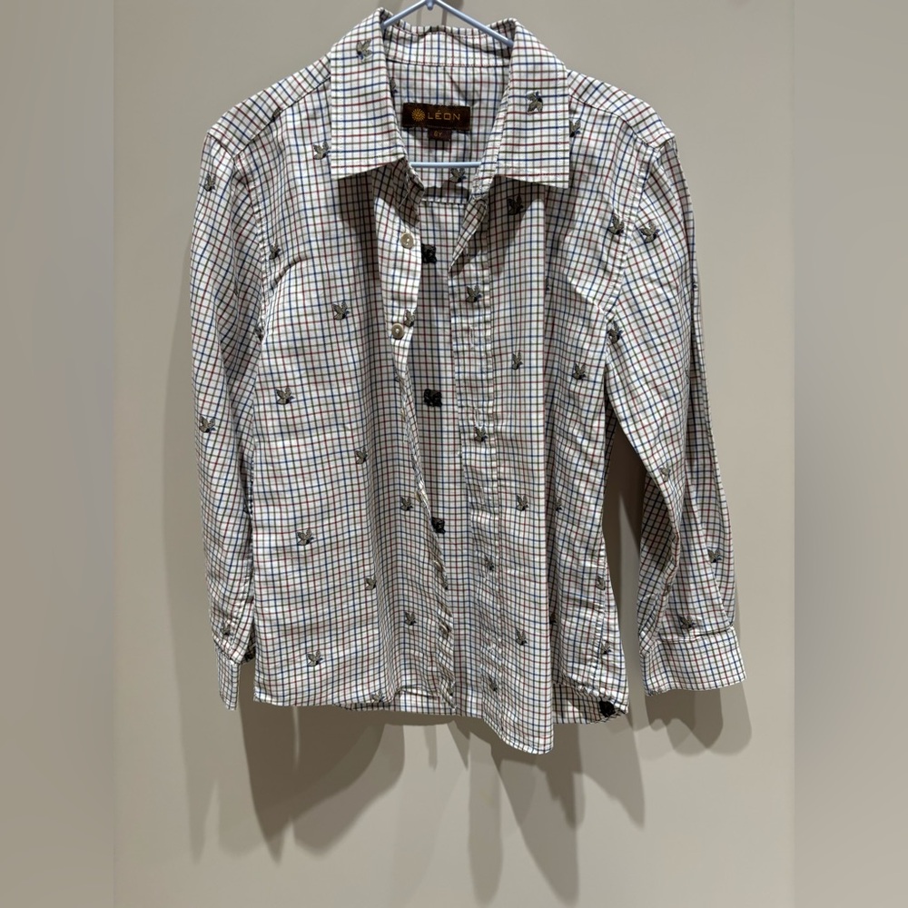 LÉON Plaid dress Shirt with Embroidered Details size 6